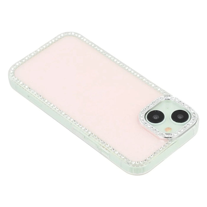 For iPhone 15 Case Rhinestone Edge Glitter Back TPU + PC IMD Phone Cover - Glitter Light Pink - 5