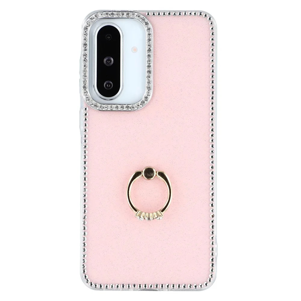 For Samsung Galaxy A26 5G Case with Ring Kickstand Rhinestone Edge TPU + PC IMD Phone Cover - Glitter Light Pink - 1