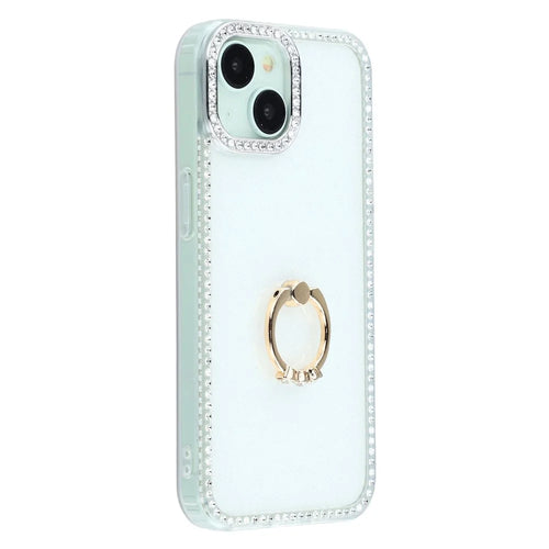 For iPhone 14 / 13 Case with Ring Kickstand Rhinestone Edge TPU + PC IMD Phone Cover - Glitter White - 1