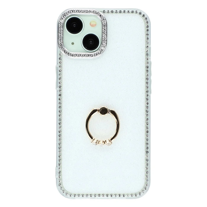 For iPhone 14 / 13 Case with Ring Kickstand Rhinestone Edge TPU + PC IMD Phone Cover - Glitter White - 2