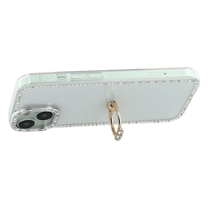 For iPhone 14 / 13 Case with Ring Kickstand Rhinestone Edge TPU + PC IMD Phone Cover - Glitter White - 3