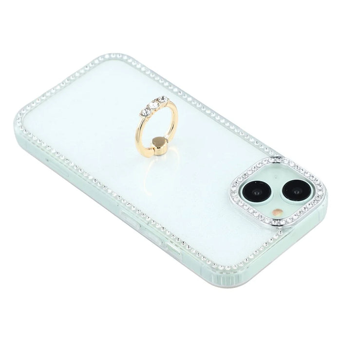 For iPhone 14 / 13 Case with Ring Kickstand Rhinestone Edge TPU + PC IMD Phone Cover - Glitter White - 4