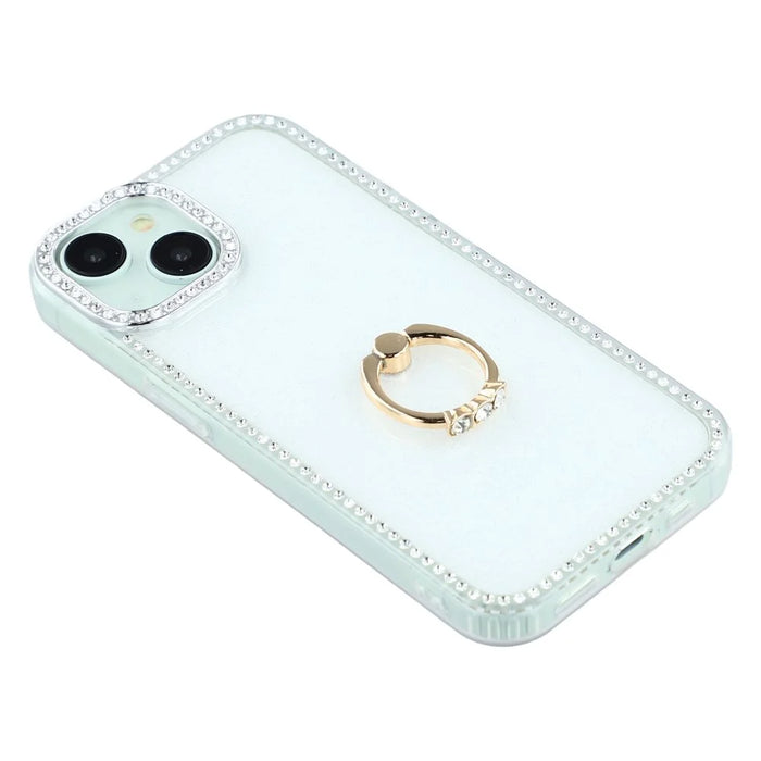 For iPhone 14 / 13 Case with Ring Kickstand Rhinestone Edge TPU + PC IMD Phone Cover - Glitter White - 5