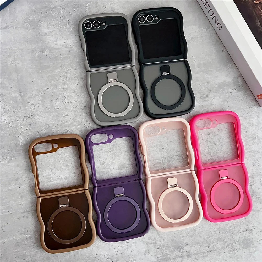 For Samsung Galaxy Z Flip7 FE 5G / Z Flip6 5G / Flip5 5G Magnetic Case Kickstand Skin-Touch Wave Edge TPU + PC Phone Cover - Black - 7