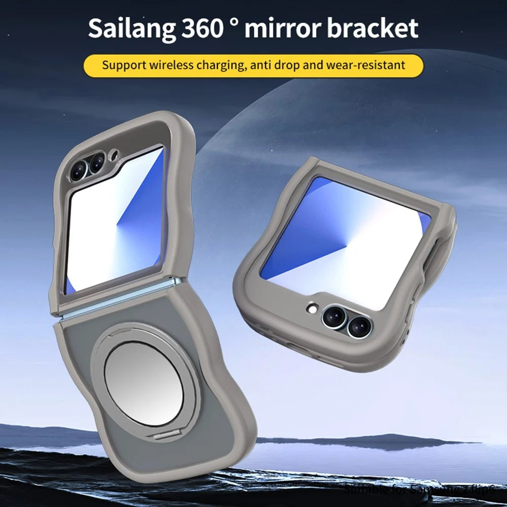 For Samsung Galaxy Z Flip7 FE 5G / Z Flip6 5G / Flip5 5G Magnetic Case Mirror Rotating Kickstand Wave Edge TPU + PC Phone Cover - Grey - 2