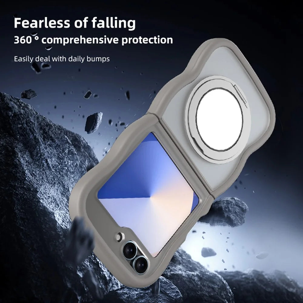 For Samsung Galaxy Z Flip7 FE 5G / Z Flip6 5G / Flip5 5G Magnetic Case Mirror Rotating Kickstand Wave Edge TPU + PC Phone Cover - Grey - 4