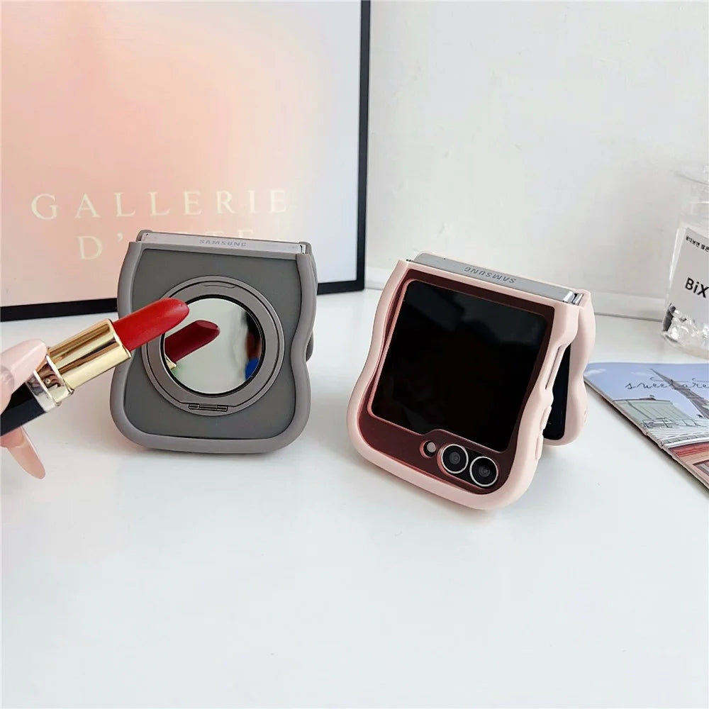 For Samsung Galaxy Z Flip7 FE 5G / Z Flip6 5G / Flip5 5G Magnetic Case Mirror Rotating Kickstand Wave Edge TPU + PC Phone Cover - Grey - 6