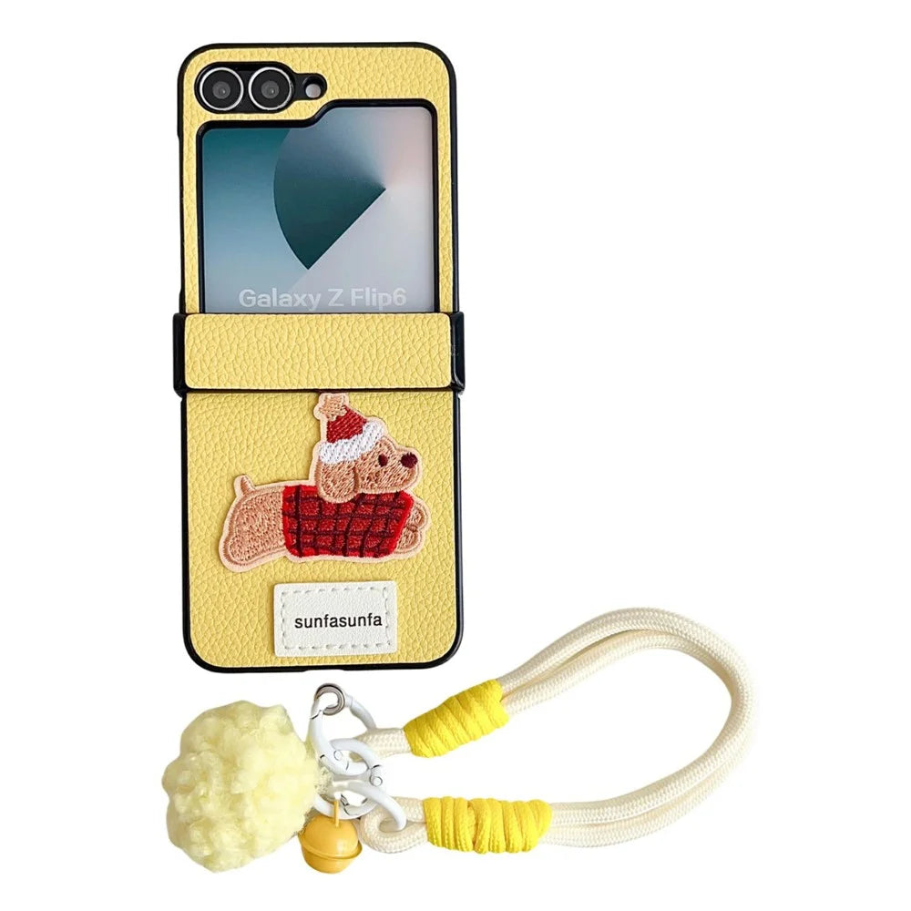 For Samsung Galaxy Z Flip7 FE 5G / Z Flip6 5G Case Cute Dog Hinge Protection Litchi Texture Phone Cover with Wrist Strap - Yellow - 1