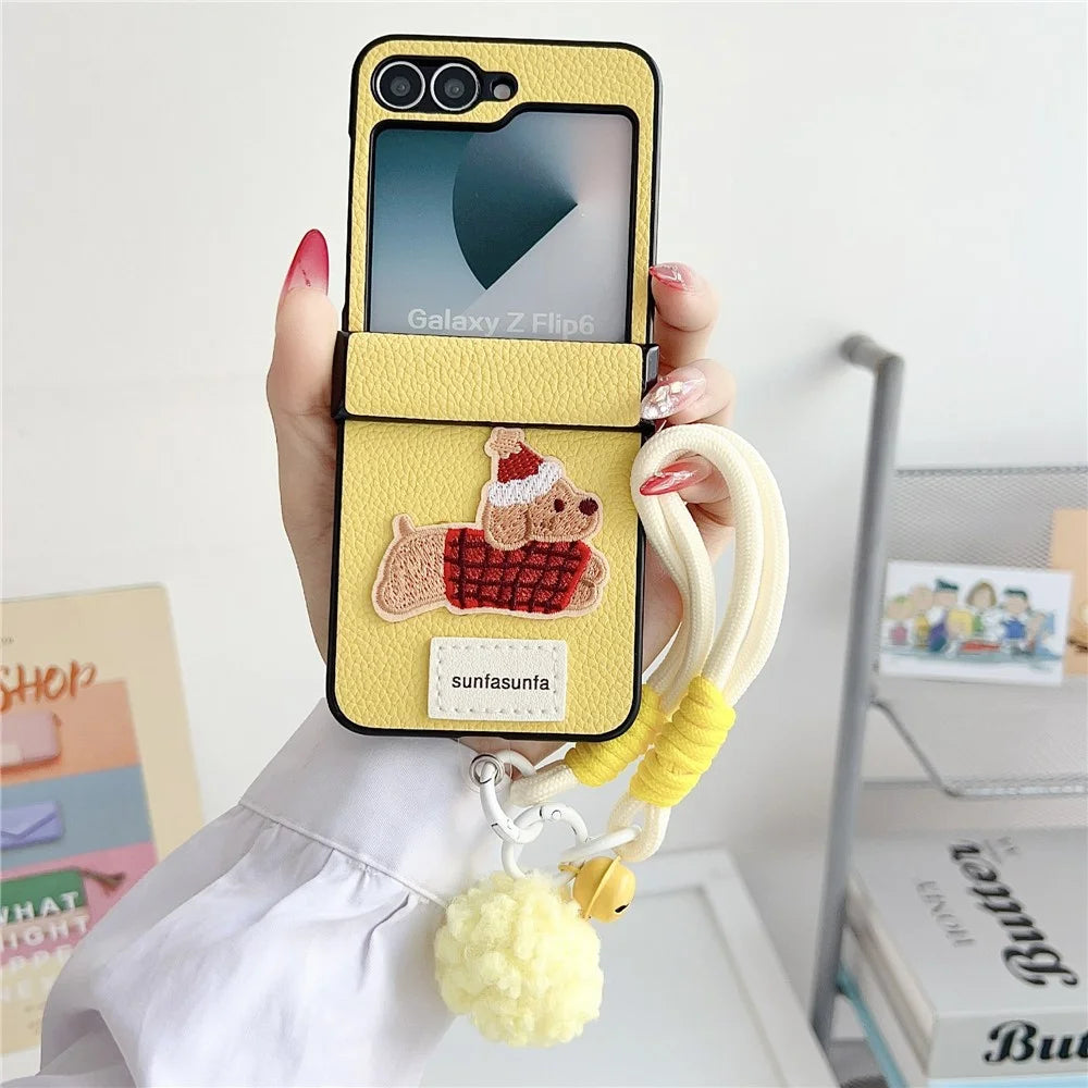 For Samsung Galaxy Z Flip7 FE 5G / Z Flip6 5G Case Cute Dog Hinge Protection Litchi Texture Phone Cover with Wrist Strap - Yellow - 2