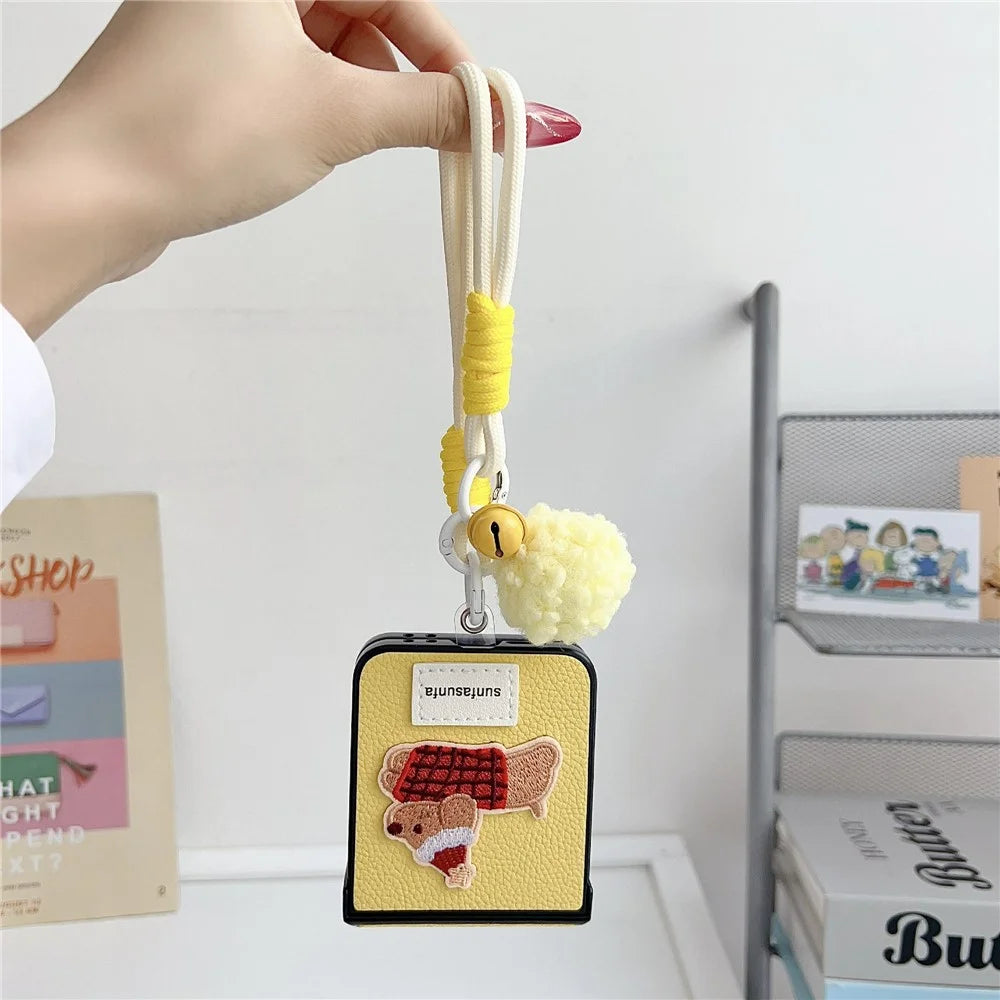 For Samsung Galaxy Z Flip7 FE 5G / Z Flip6 5G Case Cute Dog Hinge Protection Litchi Texture Phone Cover with Wrist Strap - Yellow - 3
