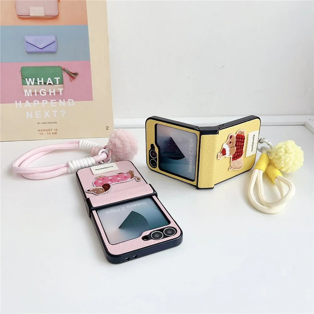 For Samsung Galaxy Z Flip7 FE 5G / Z Flip6 5G Case Cute Dog Hinge Protection Litchi Texture Phone Cover with Wrist Strap - Yellow - 4