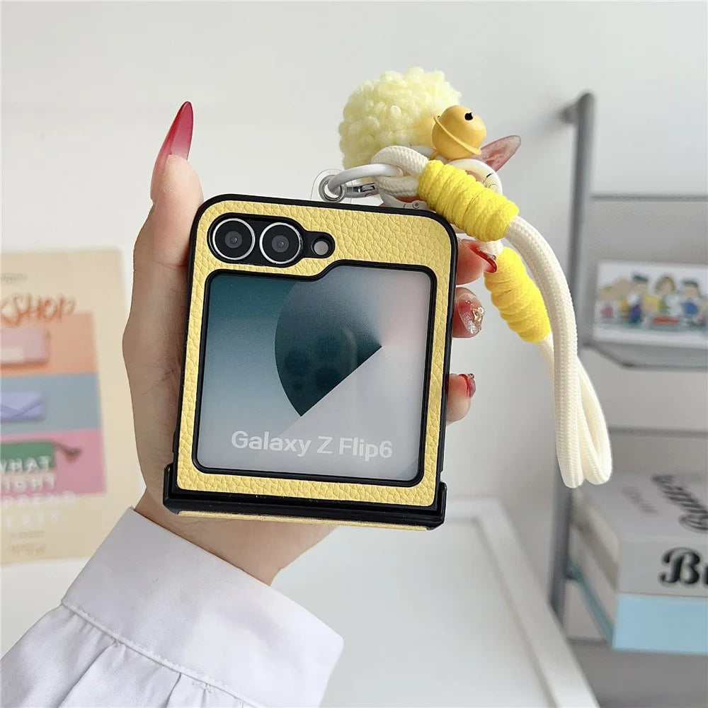 For Samsung Galaxy Z Flip7 FE 5G / Z Flip6 5G Case Cute Dog Hinge Protection Litchi Texture Phone Cover with Wrist Strap - Yellow - 5