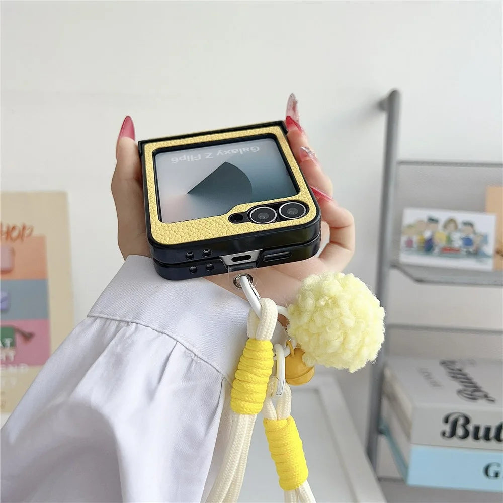 For Samsung Galaxy Z Flip7 FE 5G / Z Flip6 5G Case Cute Dog Hinge Protection Litchi Texture Phone Cover with Wrist Strap - Yellow - 6