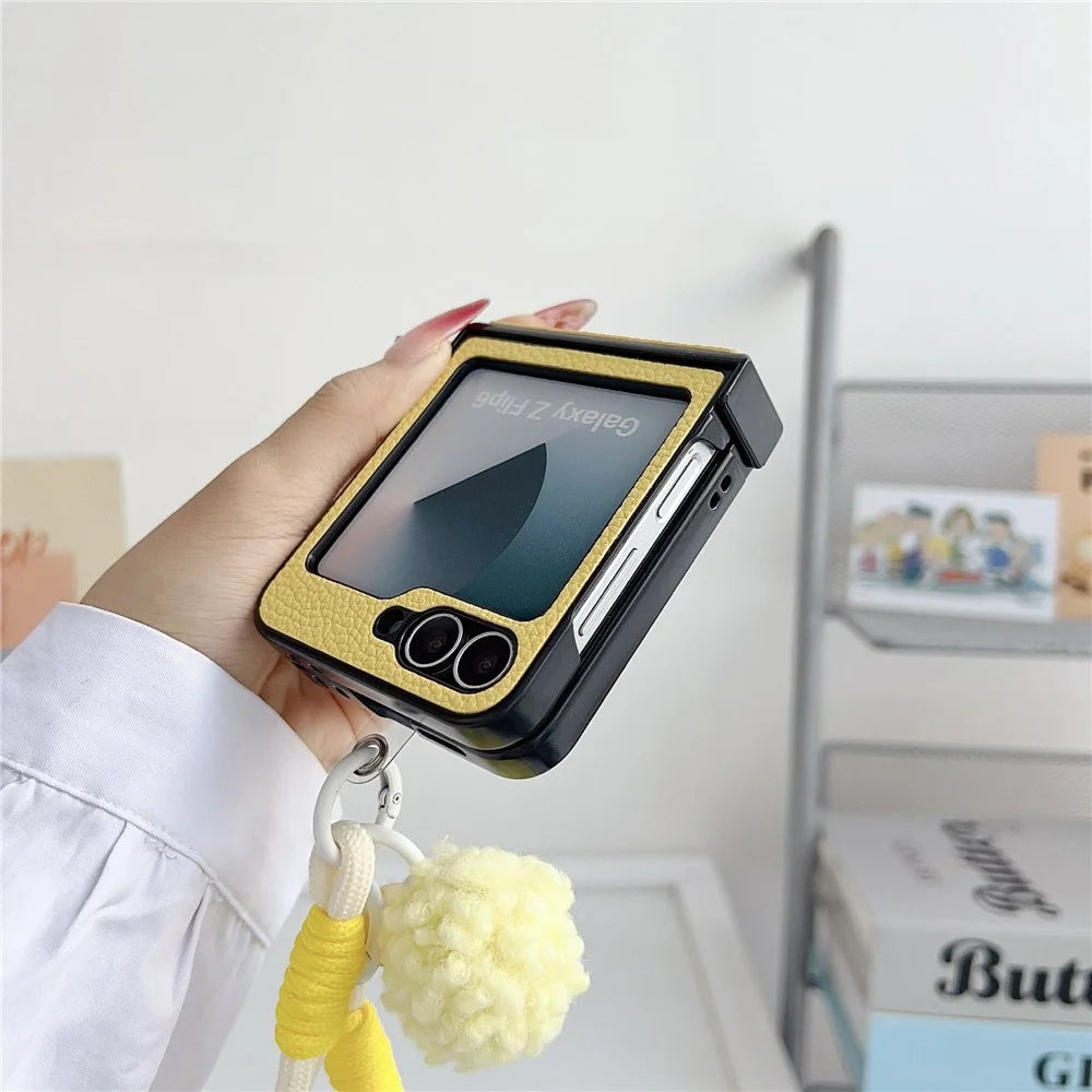 For Samsung Galaxy Z Flip7 FE 5G / Z Flip6 5G Case Cute Dog Hinge Protection Litchi Texture Phone Cover with Wrist Strap - Yellow - 7