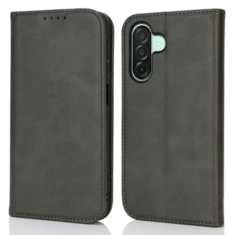 For Samsung Galaxy A26 5G Case PU Leather Calf Textured Magnetic Closing Smart Phone Cover - Black - 1