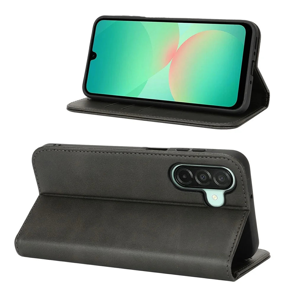 For Samsung Galaxy A26 5G Case PU Leather Calf Textured Magnetic Closing Smart Phone Cover - Black - 3