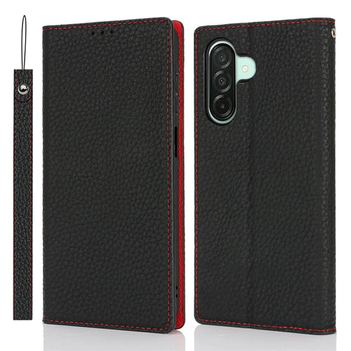 For Samsung Galaxy A26 5G Edge Wallet Case Genuine Cow Leather Phone Cover Litchi Texture - Black - 1