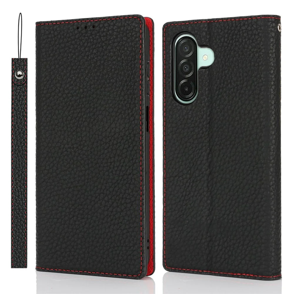 For Samsung Galaxy A26 5G Edge Wallet Case Genuine Cow Leather Phone Cover Litchi Texture - Black - 1