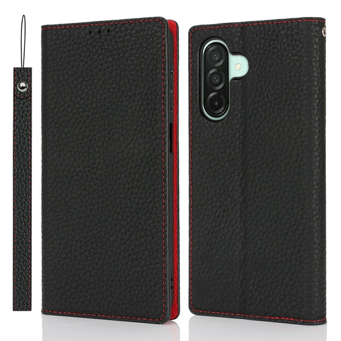 For Samsung Galaxy A26 5G Edge Wallet Case Genuine Cow Leather Phone Cover Litchi Texture - Black - 1