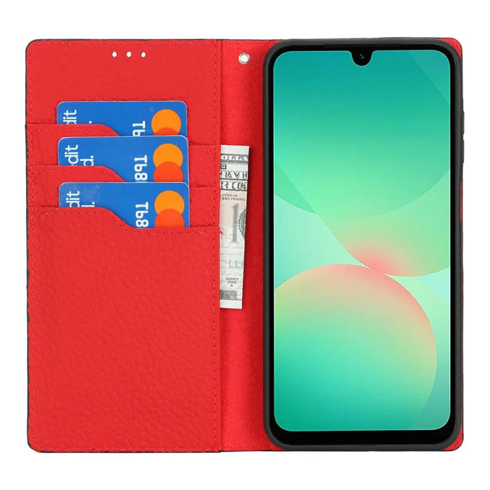 For Samsung Galaxy A26 5G Edge Wallet Case Genuine Cow Leather Phone Cover Litchi Texture - Black - 2