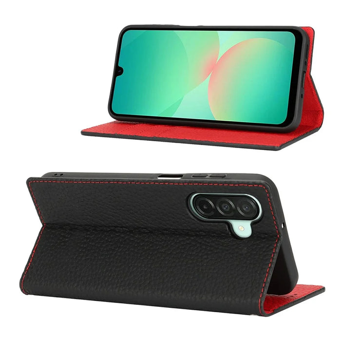 For Samsung Galaxy A26 5G Edge Wallet Case Genuine Cow Leather Phone Cover Litchi Texture - Black - 3
