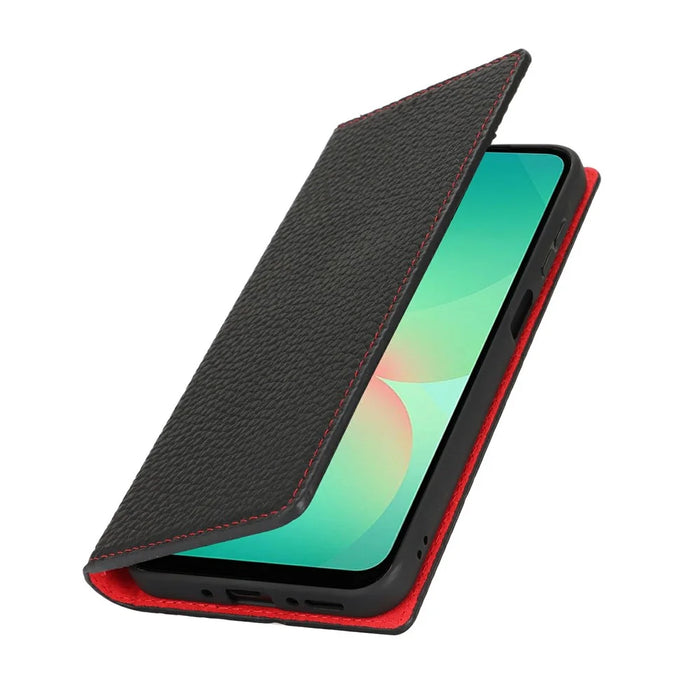 For Samsung Galaxy A26 5G Edge Wallet Case Genuine Cow Leather Phone Cover Litchi Texture - Black - 5