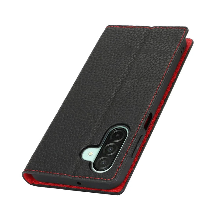 For Samsung Galaxy A26 5G Edge Wallet Case Genuine Cow Leather Phone Cover Litchi Texture - Black - 6
