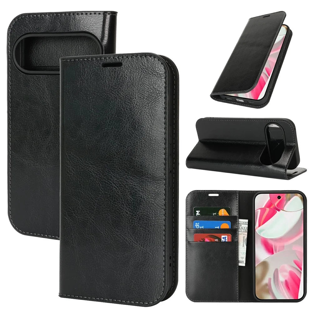 For Google Pixel 10 / 10 Pro Case Crazy Horse Texture Split Leather Wallet Phone Cover - Black - 1