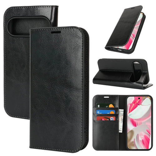 For Google Pixel 10 / 10 Pro Case Crazy Horse Texture Split Leather Wallet Phone Cover - Black - 1