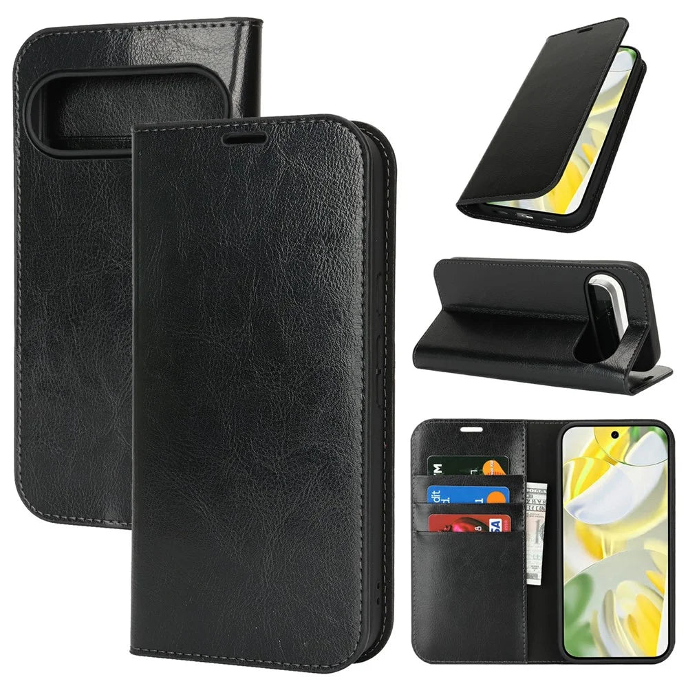For Google Pixel 10 Pro XL Case Crazy Horse Texture Split Leather Wallet Phone Cover - Black - 1