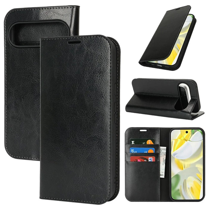 For Google Pixel 10 Pro XL Case Crazy Horse Texture Split Leather Wallet Phone Cover - Black - 1