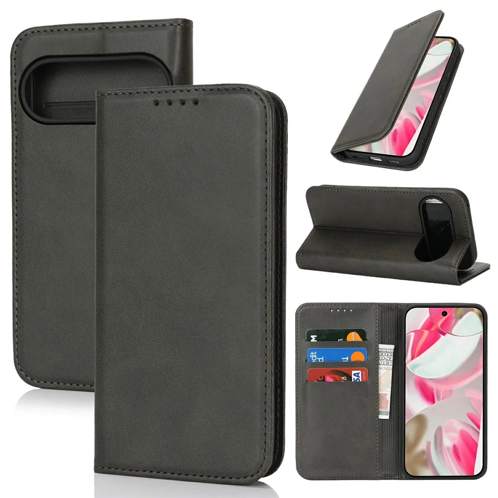 For Google Pixel 10 / 10 Pro Case PU Leather Calf Textured Magnetic Closing Smart Phone Cover - Black - 1