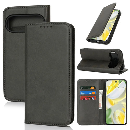 For Google Pixel 10 Pro XL Case PU Leather Calf Textured Magnetic Closing Smart Phone Cover - Black - 1