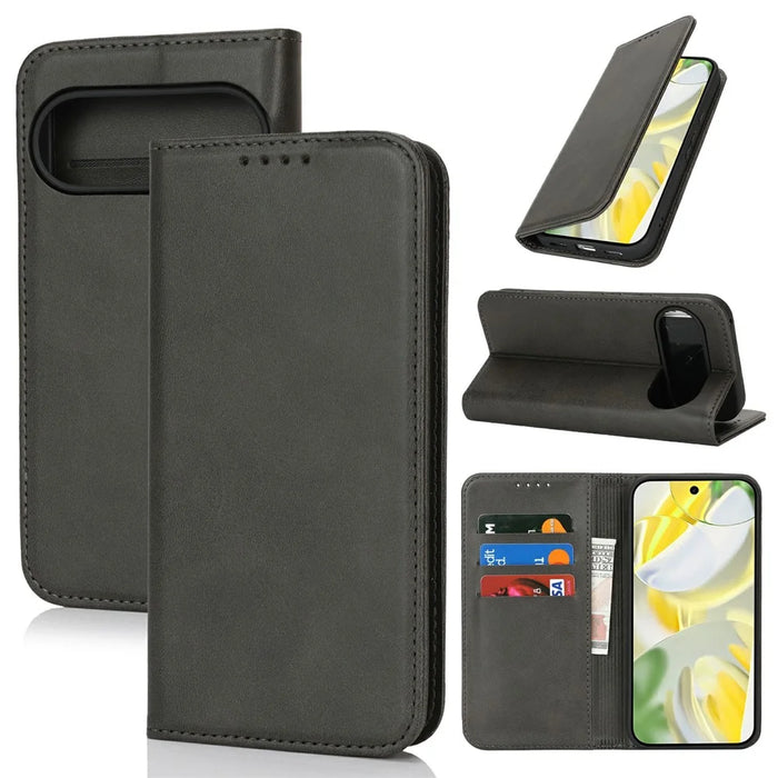 For Google Pixel 10 Pro XL Case PU Leather Calf Textured Magnetic Closing Smart Phone Cover - Black - 1