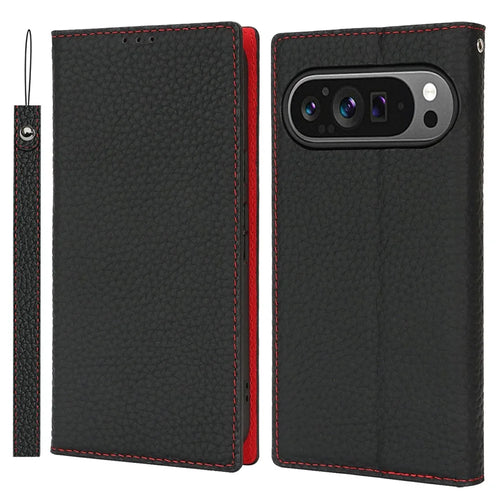 For Google Pixel 10 / 10 Pro Wallet Case Genuine Cow Leather Phone Cover Litchi Texture - Black - 1