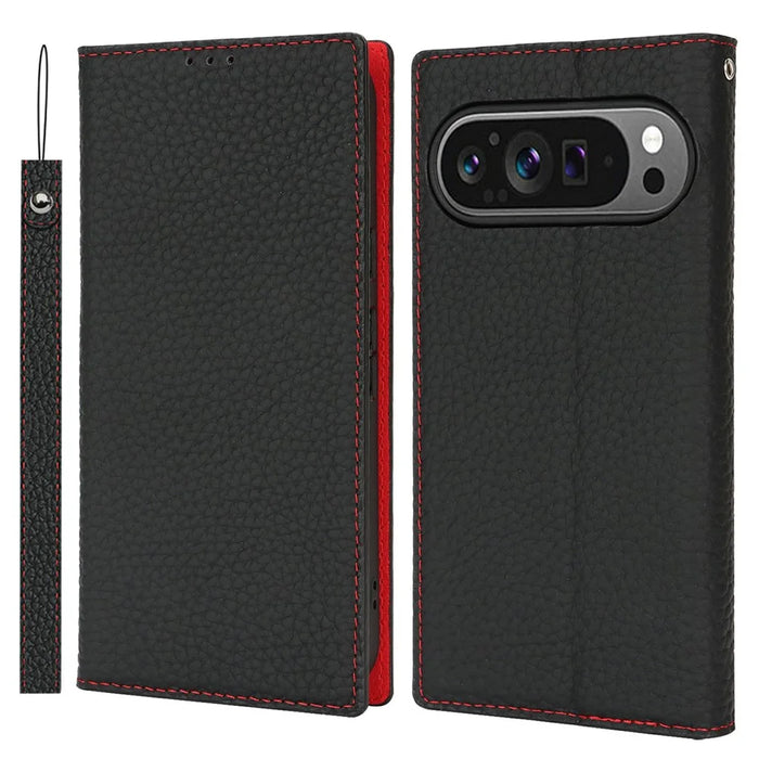 For Google Pixel 10 / 10 Pro Wallet Case Genuine Cow Leather Phone Cover Litchi Texture - Black - 1
