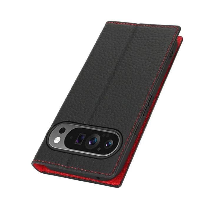 For Google Pixel 10 / 10 Pro Wallet Case Genuine Cow Leather Phone Cover Litchi Texture - Black - 6