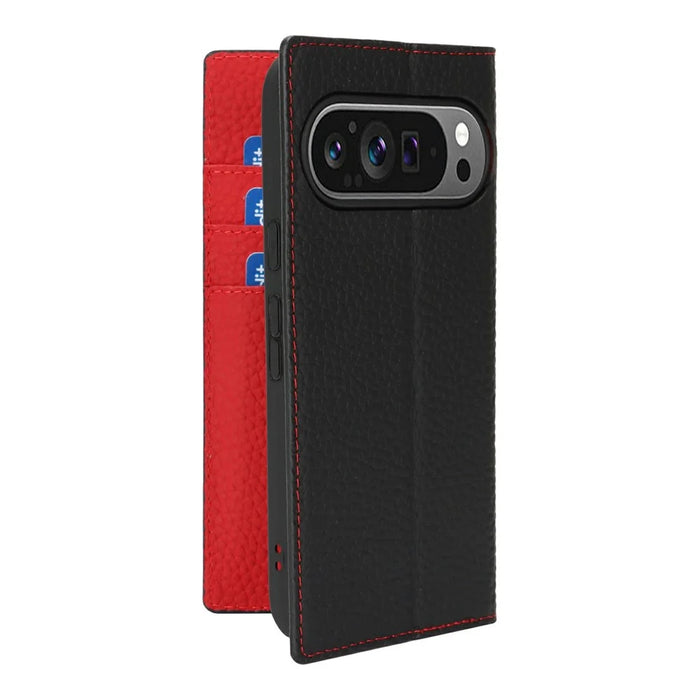 For Google Pixel 10 / 10 Pro Wallet Case Genuine Cow Leather Phone Cover Litchi Texture - Black - 7