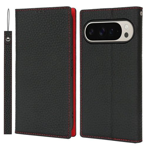 For Google Pixel 10 Pro XL Wallet Case Genuine Cow Leather Phone Cover Litchi Texture - Black - 1