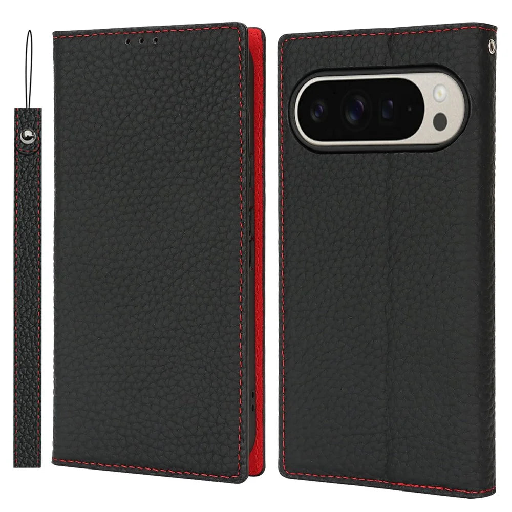 For Google Pixel 10 Pro XL Wallet Case Genuine Cow Leather Phone Cover Litchi Texture - Black - 1