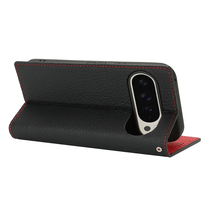 For Google Pixel 10 Pro XL Wallet Case Genuine Cow Leather Phone Cover Litchi Texture - Black - 4