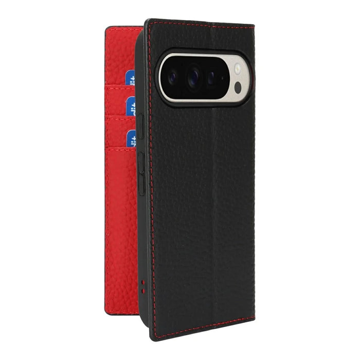 For Google Pixel 10 Pro XL Wallet Case Genuine Cow Leather Phone Cover Litchi Texture - Black - 5