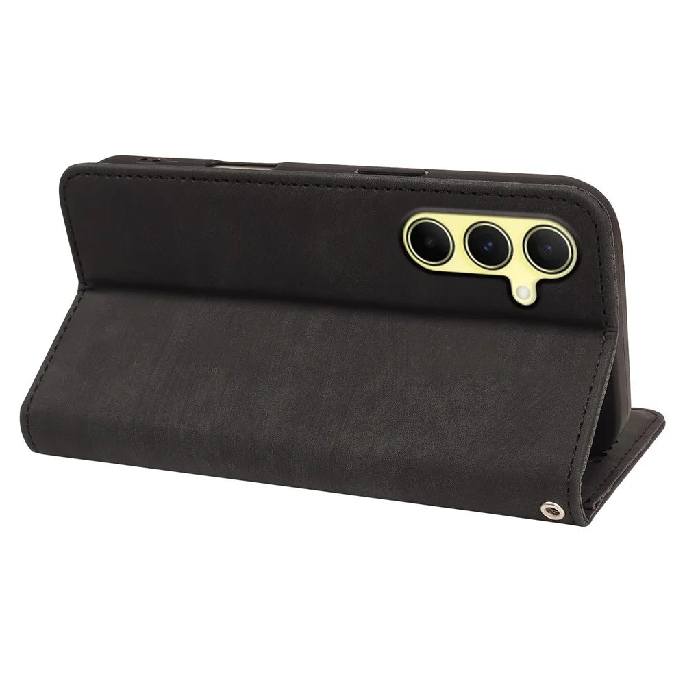For Samsung Galaxy A56 5G Case Strong Magnetic Leather Wallet Phone Cover with Striped Texture - Black - 3