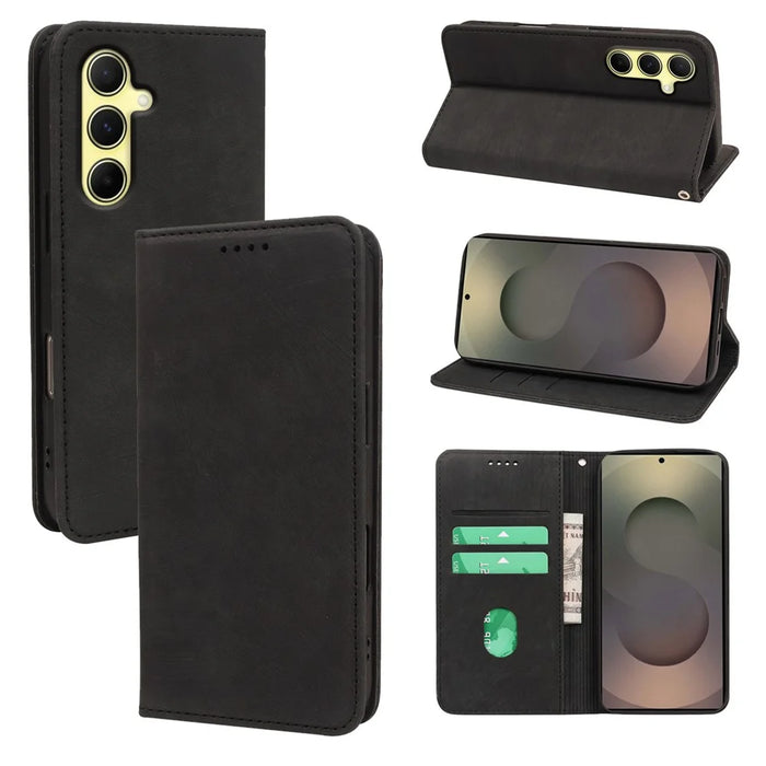 For Samsung Galaxy A26 5G Case Strong Magnetic Leather Wallet Phone Cover with Striped Texture - Black - 1