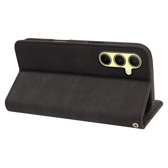 For Samsung Galaxy S24+ Case Strong Magnetic Leather Wallet Phone Cover with Striped Texture - Black - 3