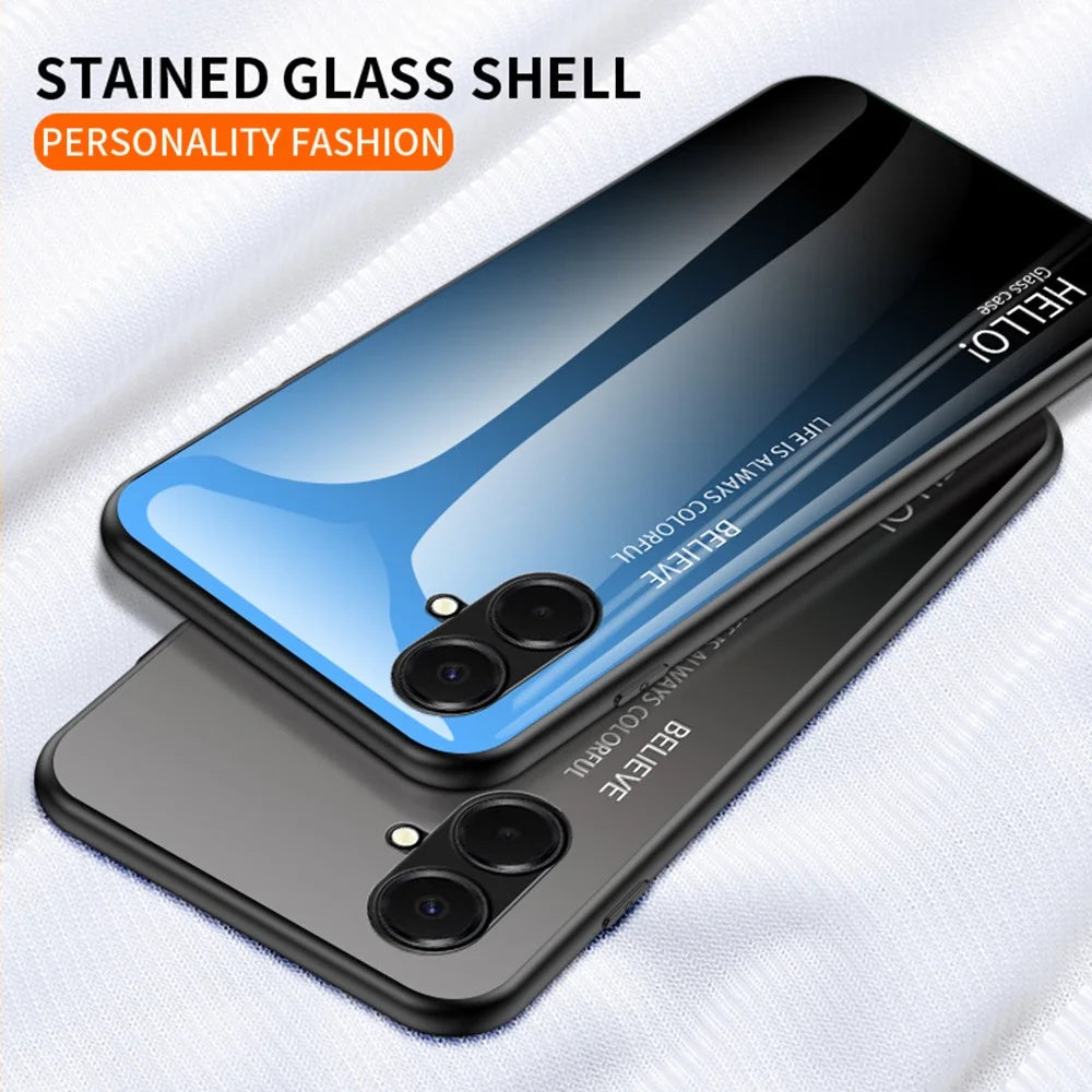 For Samsung Galaxy A08 5G / A08 4G / A07 4G Case Anti-Scratch Tempered Glass + PC + TPU Phone Cover - Gradient Pink Blue - 5