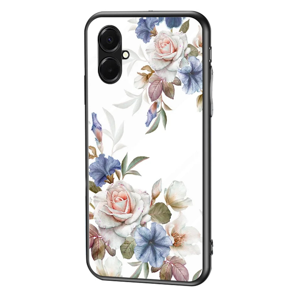 For Samsung Galaxy A08 5G / A08 4G / A07 4G Case Floral Pattern TPU + Tempered Glass Protective Phone Cover - White Flower Bush - 1