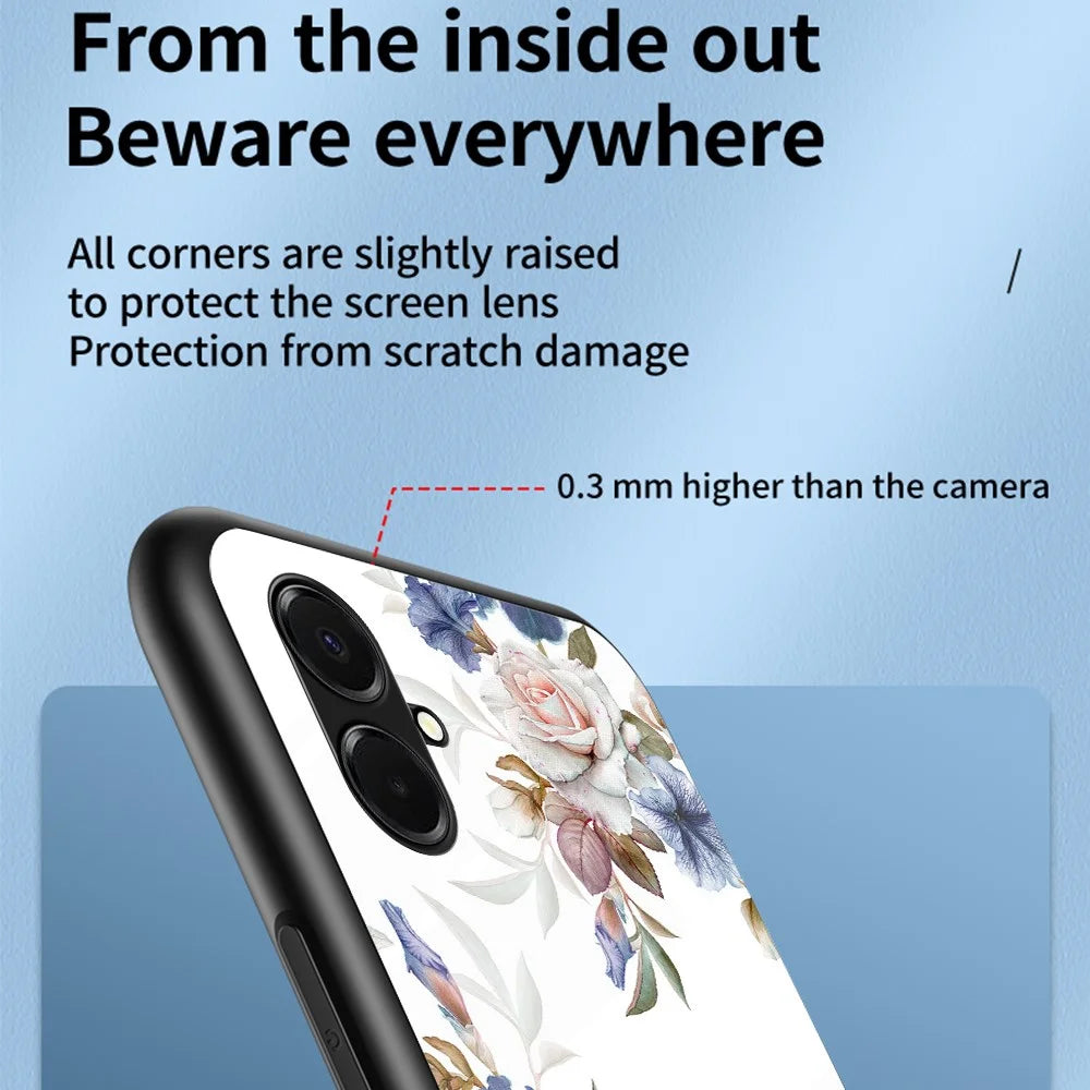 For Samsung Galaxy A08 5G / A08 4G / A07 4G Case Floral Pattern TPU + Tempered Glass Protective Phone Cover - White Flower Bush - 2
