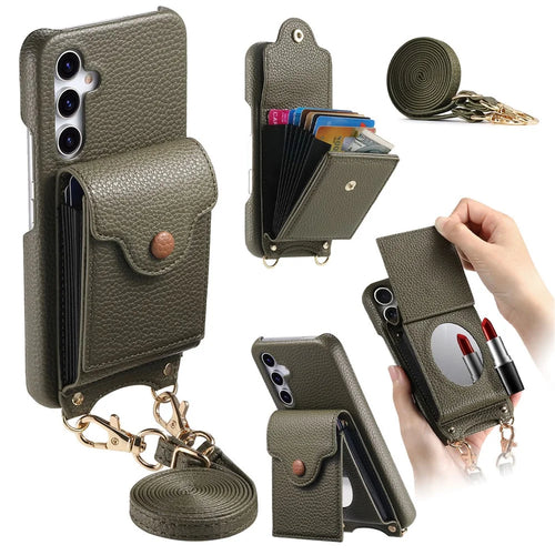 For Samsung Galaxy A16 5G  /  4G Case Mirror Card Holder Litchi Texture Leather Phone Back Cover with Long Strap - Midnight Green - 1