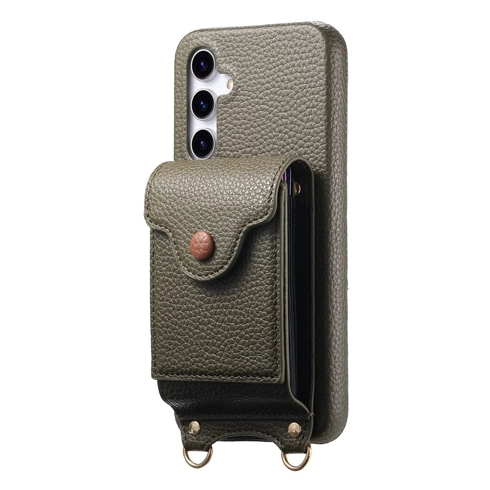 For Samsung Galaxy A16 5G  /  4G Case Mirror Card Holder Litchi Texture Leather Phone Back Cover with Long Strap - Midnight Green - 2